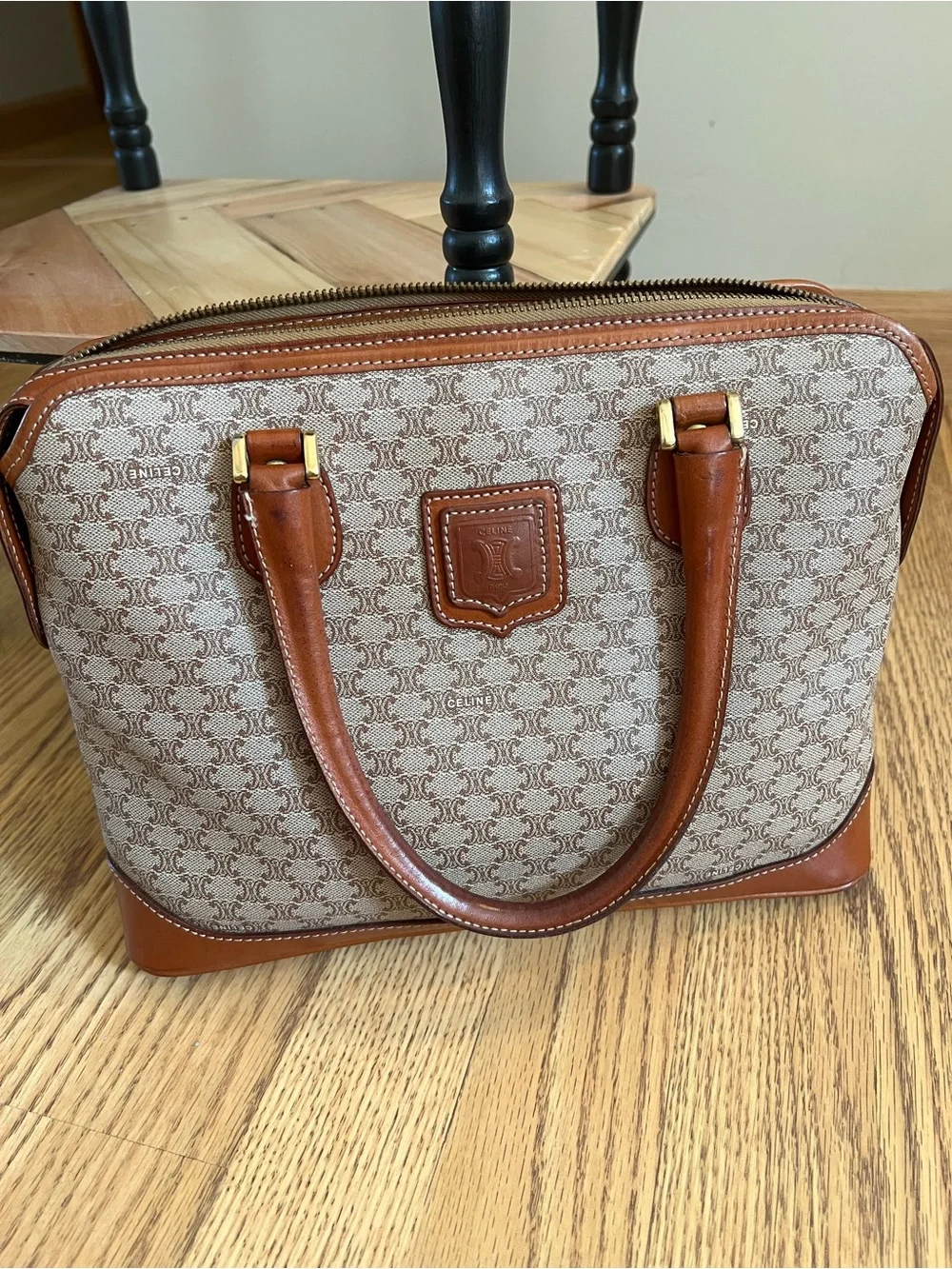 Celine Tan Brown Monogram Satchel with Leather Trim